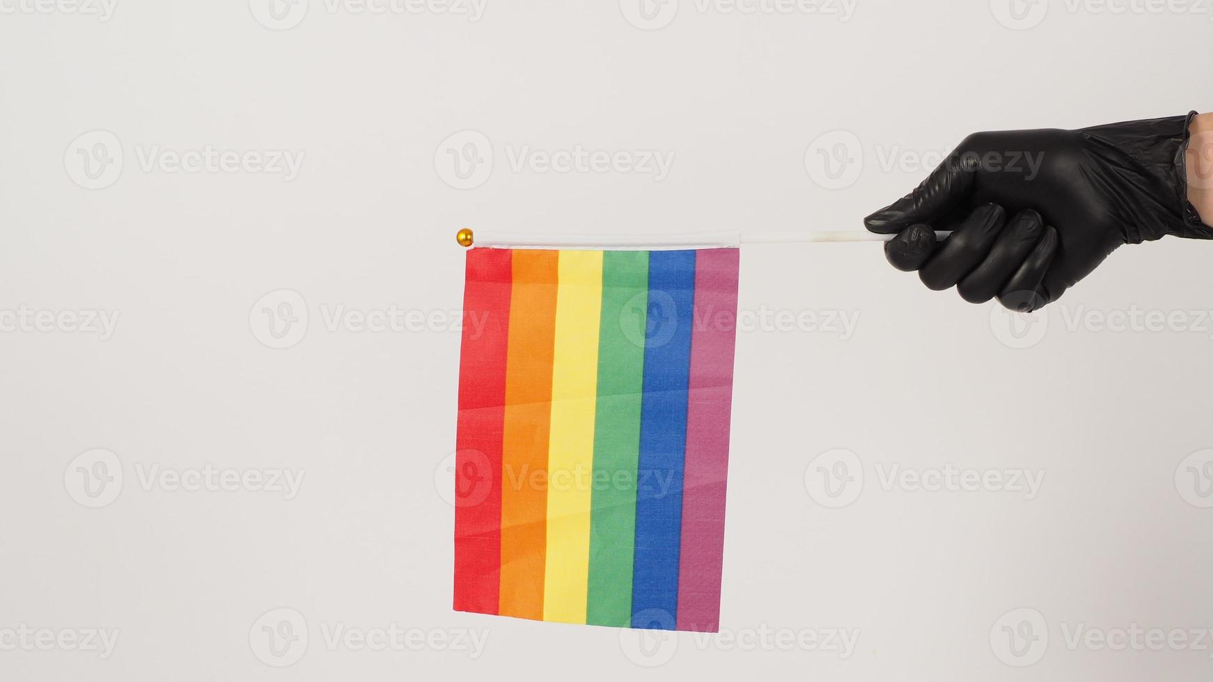 las manos sostienen una bandera del arco iris. las manos llevan guantes de látex negros foto