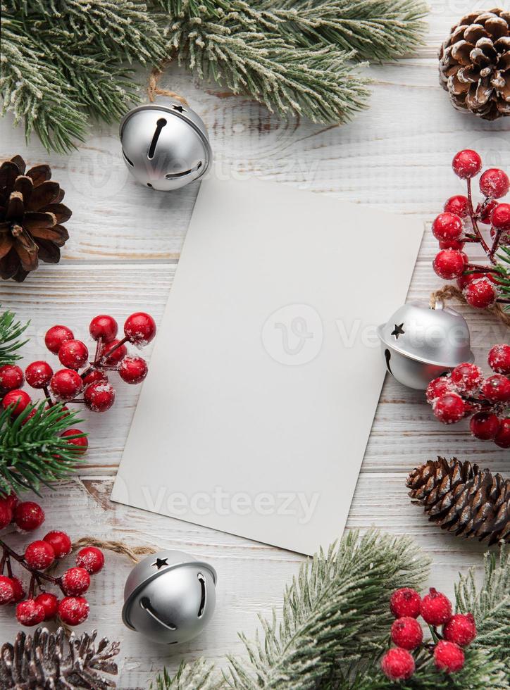 Christmas background with fir tree and decor. Top view with copy space photo