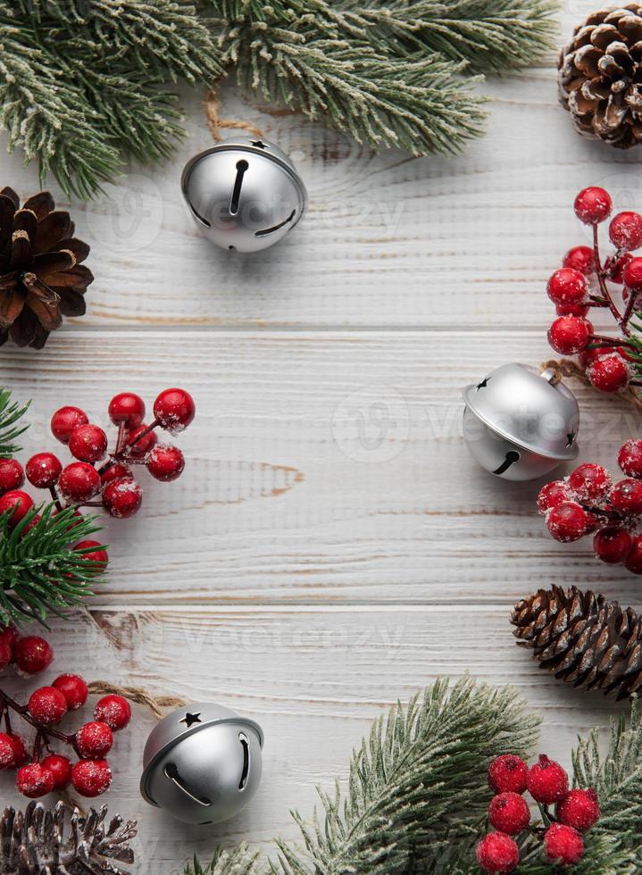 Christmas background with fir tree and decor. Top view with copy space photo