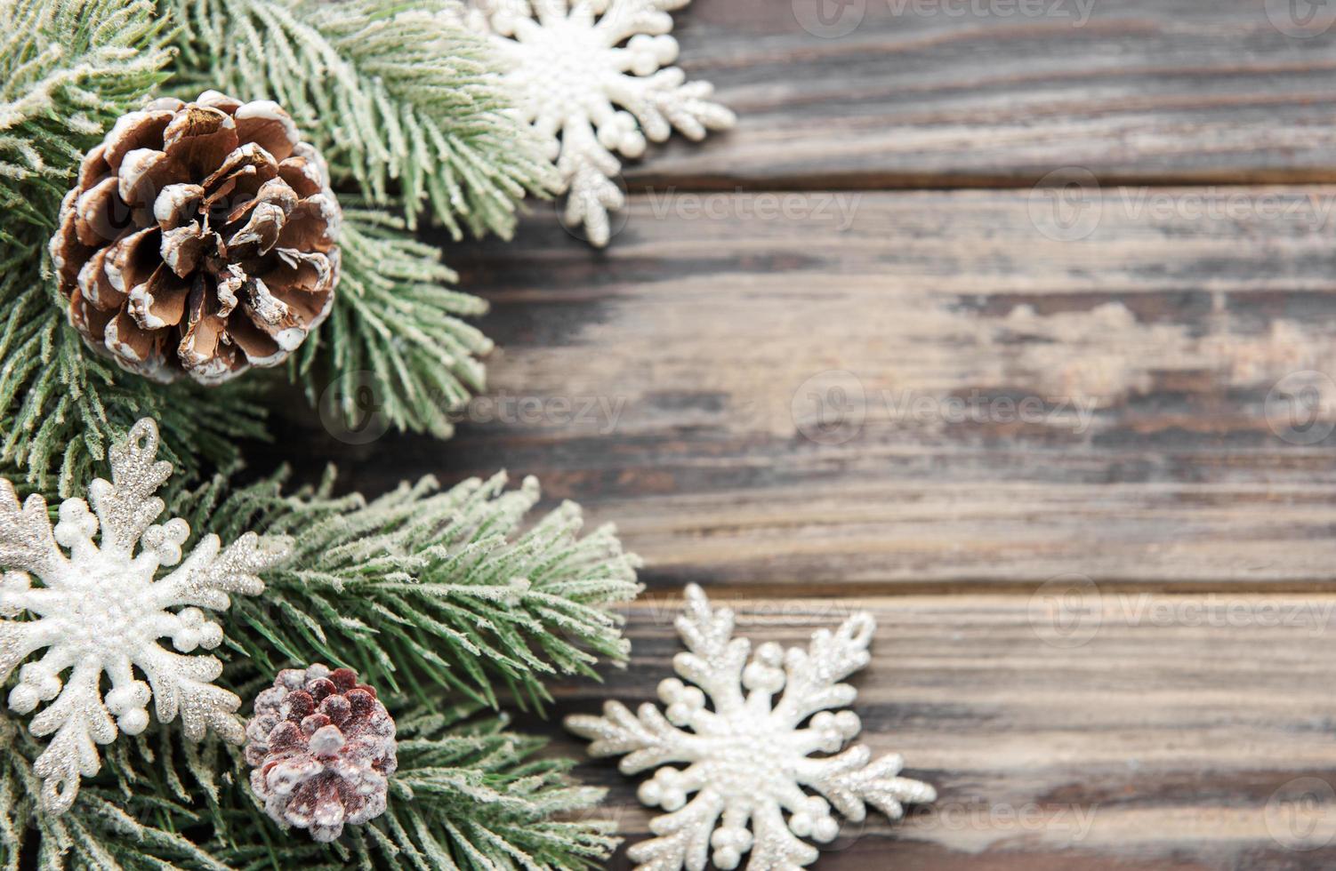 Christmas background with fir tree and decor. Top view with copy space photo