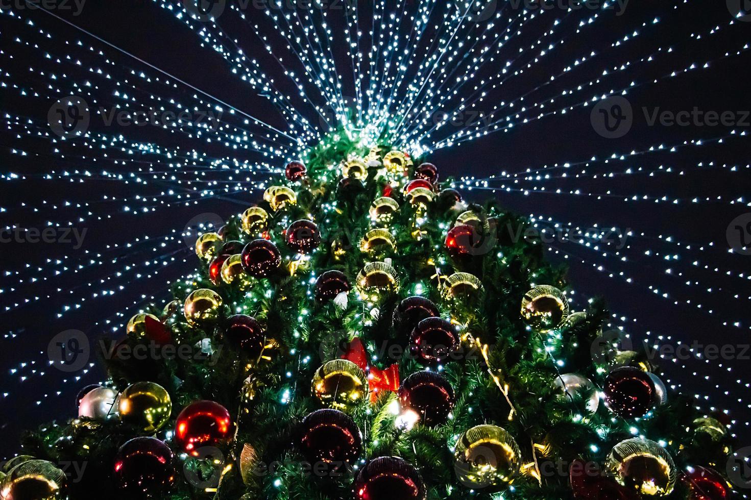 Bottom view of Christmas tree with beautiful lights. New Year decoration. photo