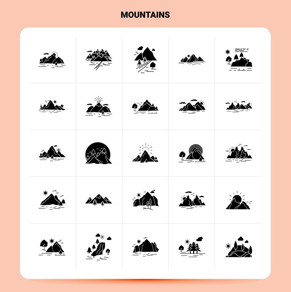 Solid 25 Mountains Icon set. Vector Glyph Style Design Black Icons Set. Web and Mobile Business ideas design Vector Illustration.