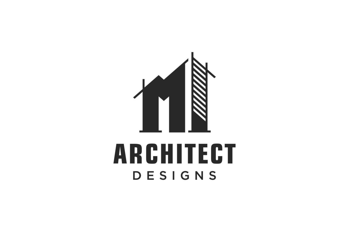 Letter M Simple modern building architecture logo design with line art skyscraper graphic vector