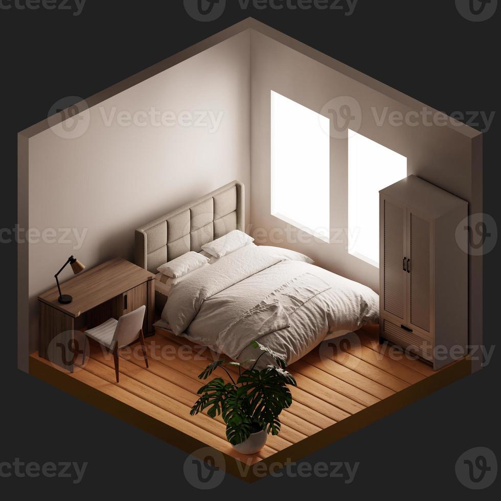 Inside bedroom isometric view with minimal style background. Home and decor concept. 3D illustration rendering photo