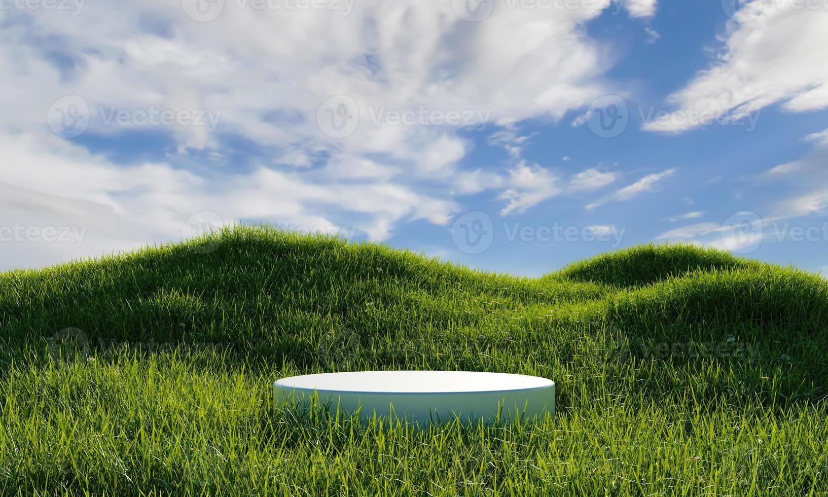 White minimal podium in green grassland with blue sky background. Nature concept. 3D illustration rendering photo
