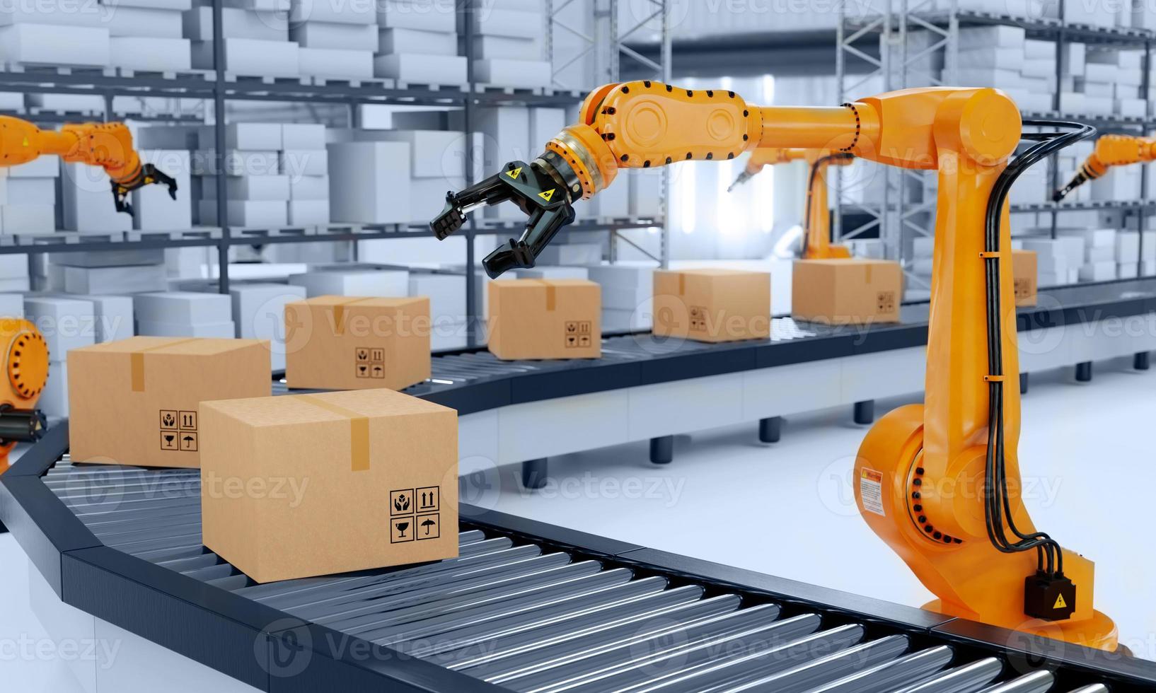 Industrial robot arm grabbing the cardboard box on roller conveyor rack with storage warehouse background. Technology and artificial intelligence innovation concept. 3D illustration rendering photo