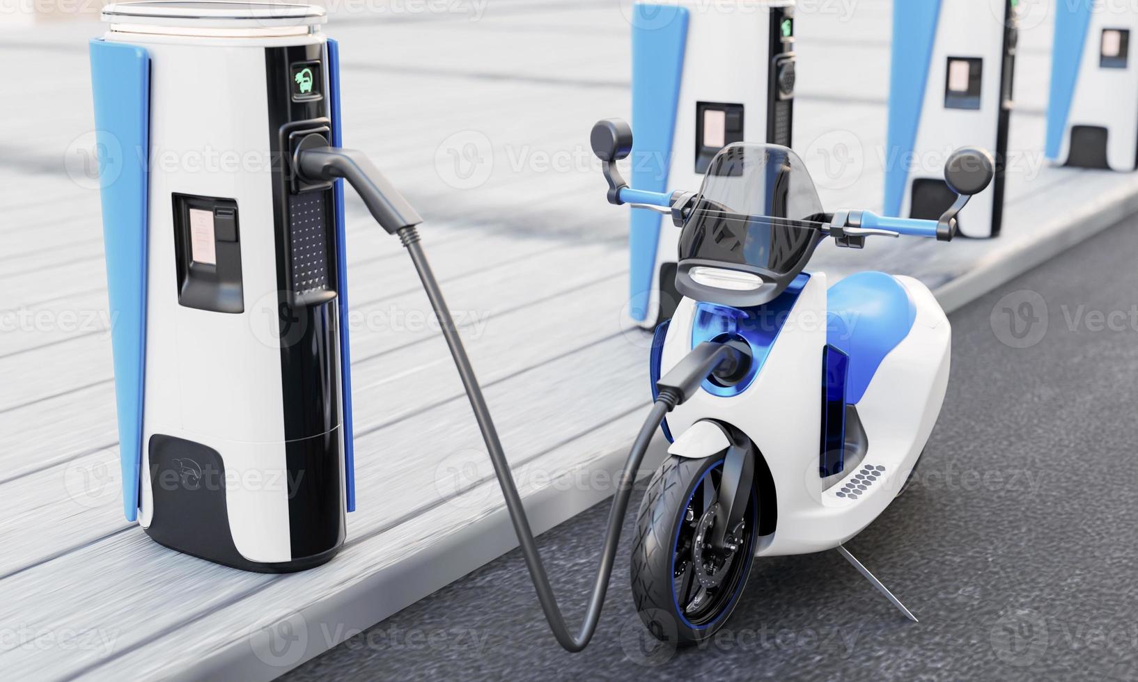 estación de carga ev de alta velocidad para motocicletas eléctricas en las calles de la ciudad con cable y enchufe de carga de batería de energía. concepto innovador de la industria de la energía y el transporte. representación de ilustración 3d foto