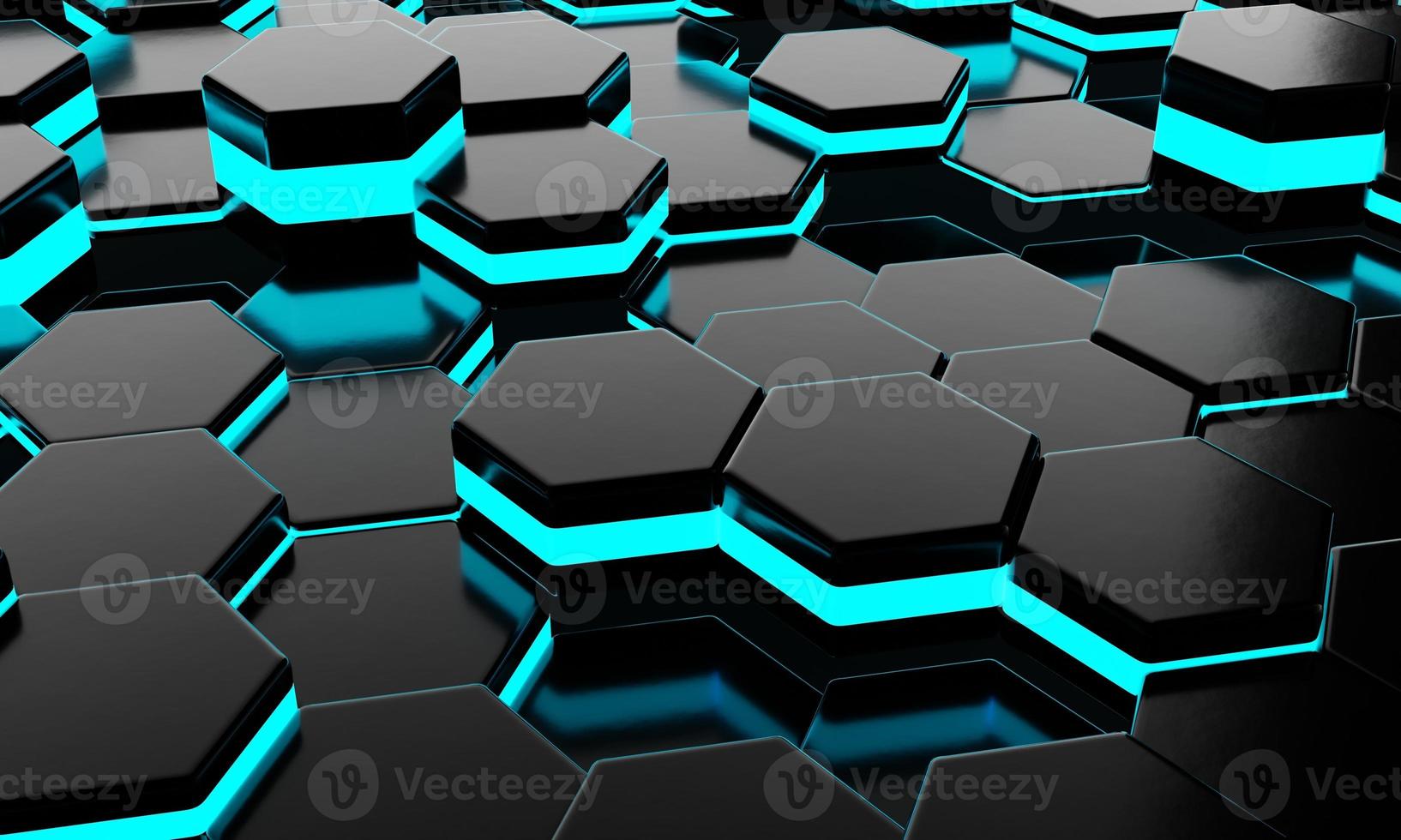 Black honeycomb hexagon with blue glowing neon lighting background. Sci-fi and Science technology concept. 3D illustration rendering photo