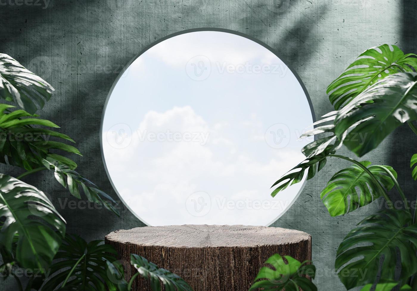 Wooden product display podium in green room with monstera plant and sunshine shadow background. Product presentation theme. Nature and Organic cosmetic and food concept. 3D illustration rendering photo
