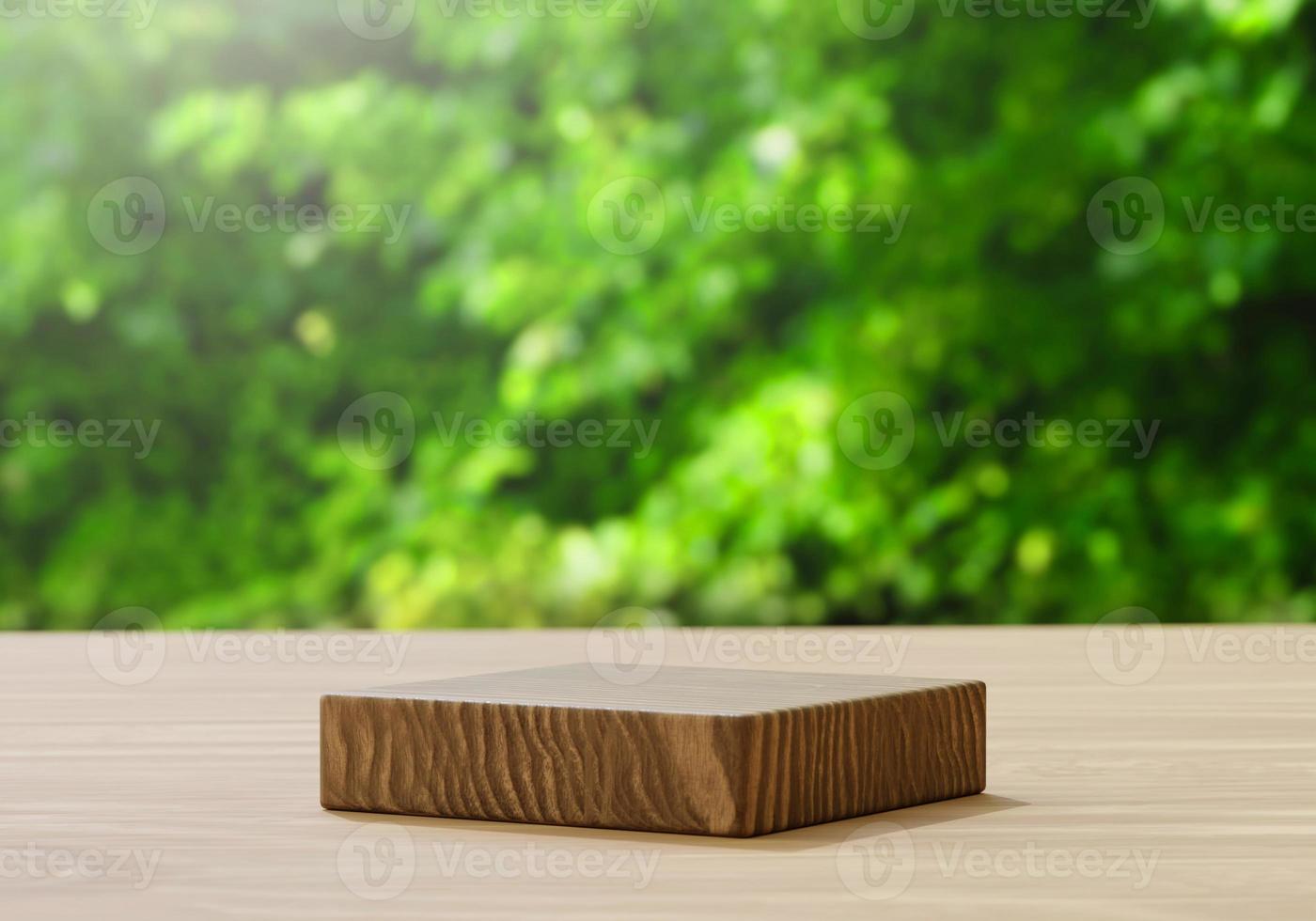 Wooden product display podium with blurred nature green leaves background. For one or single product presentation. Nature and Organic cosmetic and food concept. 3D illustration rendering photo