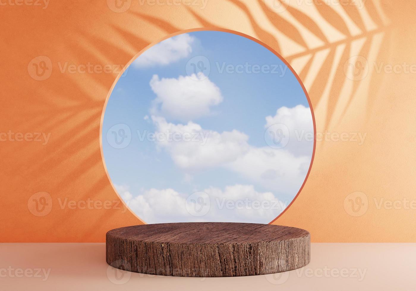 Wooden cylinder podium on orange background with blue sky window. Minimal cloud scene with beach leave shadow. Abstract and holiday vacation concept. 3D illustration rendering photo