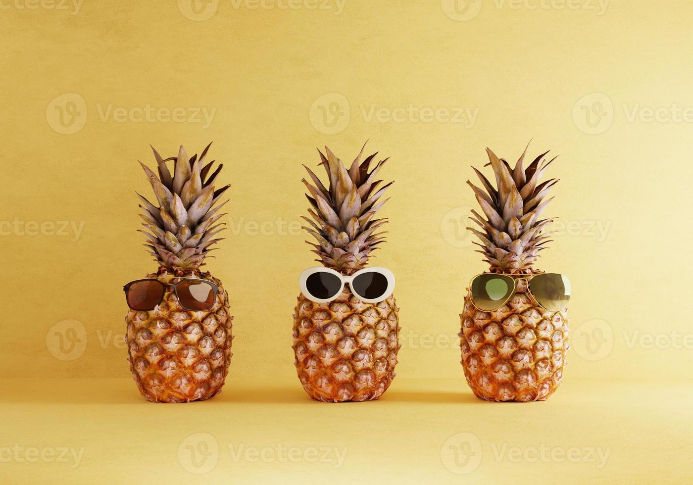 pandilla de piñas en trajes de verano estilo sobre fondo amarillo. concepto de vacaciones de frutas y vacaciones. representación de ilustración 3d foto