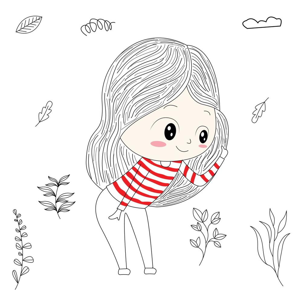 vector illustration of beautiful girl standing looking at plants