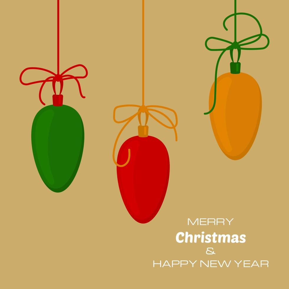 Merry Christmas and Happy New Year yellow background with three christmas balls. Vector background for your greeting cards, invitations, festive posters.