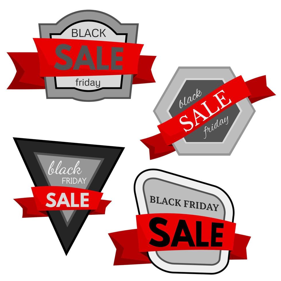 Set of four black friday sale badges with red ribbon on a white background. Vector illustration