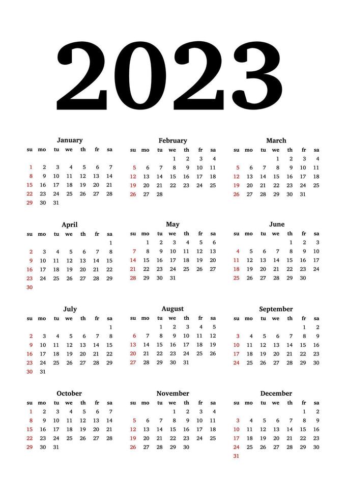 Calendar for 2023 isolated on a white background. Sunday to Monday, business template. Vector illustration