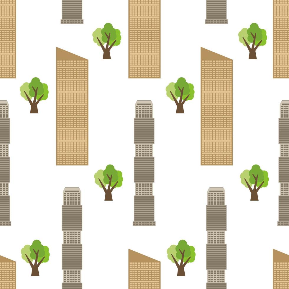 Seamless city background with modern houses and green trees. Vector illustration