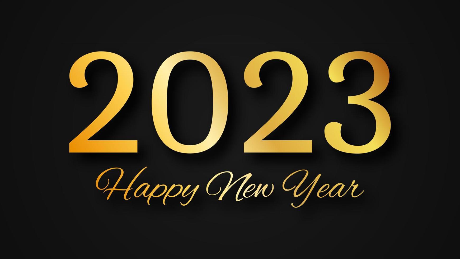 2023 Happy New Year gold background. Abstract backdrop with a gold inscription on dark for Christmas holiday greeting card, flyers or posters. Vector illustration