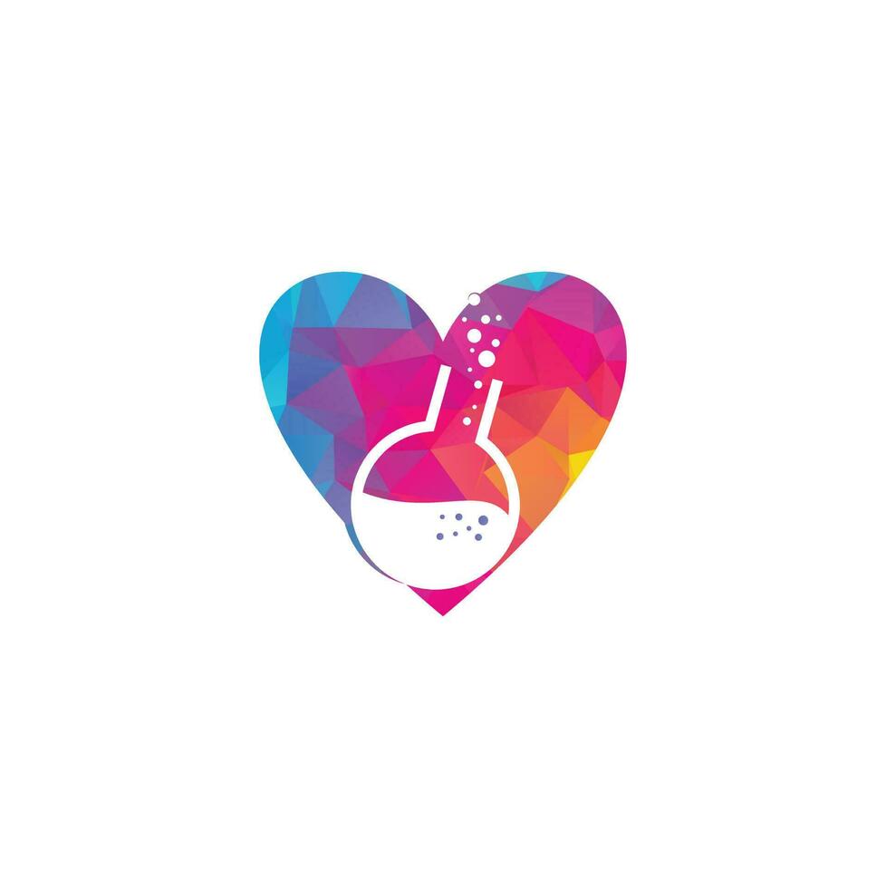 Lab heart shape concept logo vector. Lab template. Science lab logo. Beaker Lab round flask with chemical substance inside make Bubbles for logo design. vector