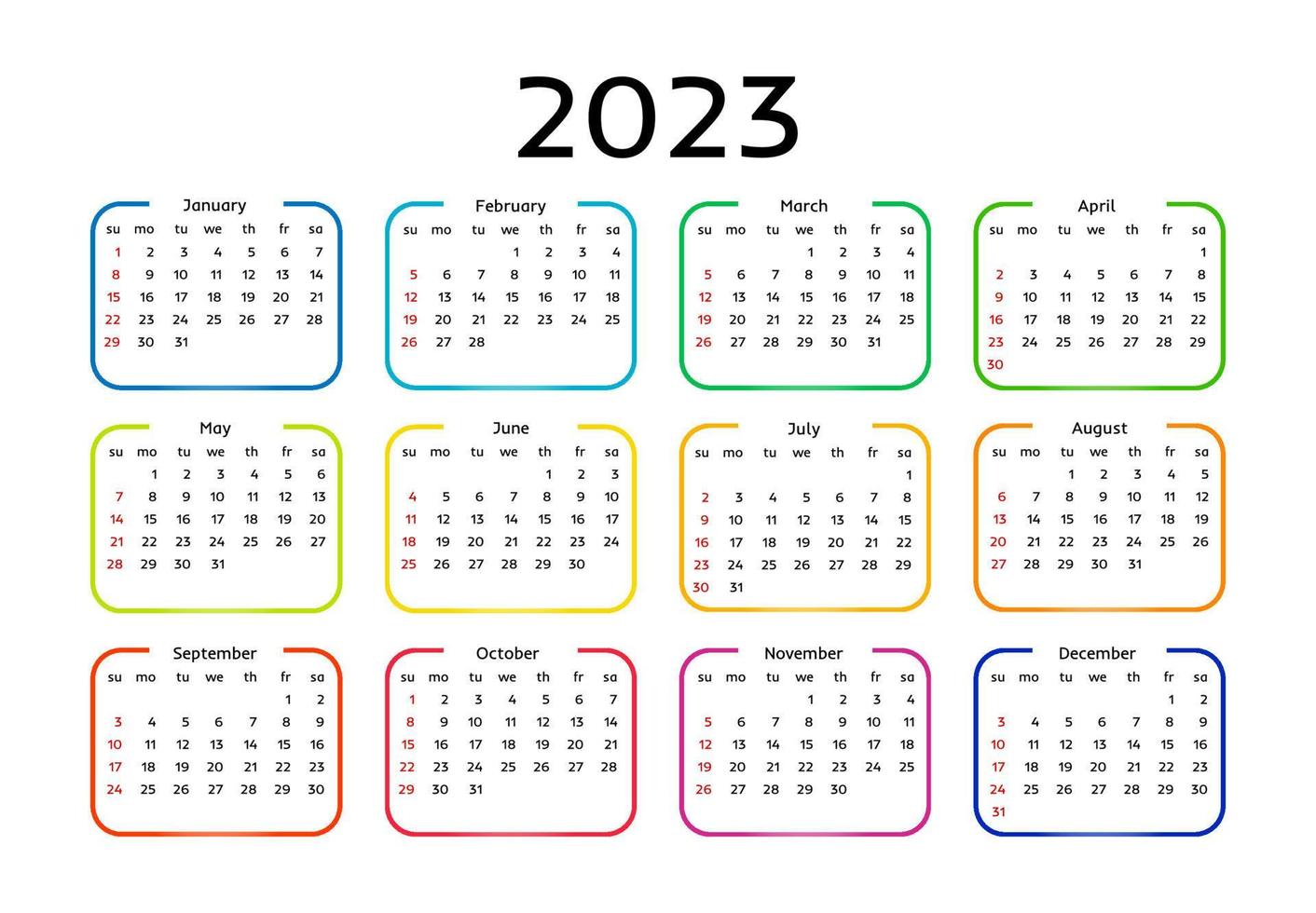 Calendar for 2023 isolated on a white background. Sunday to Monday, business template. Vector illustration