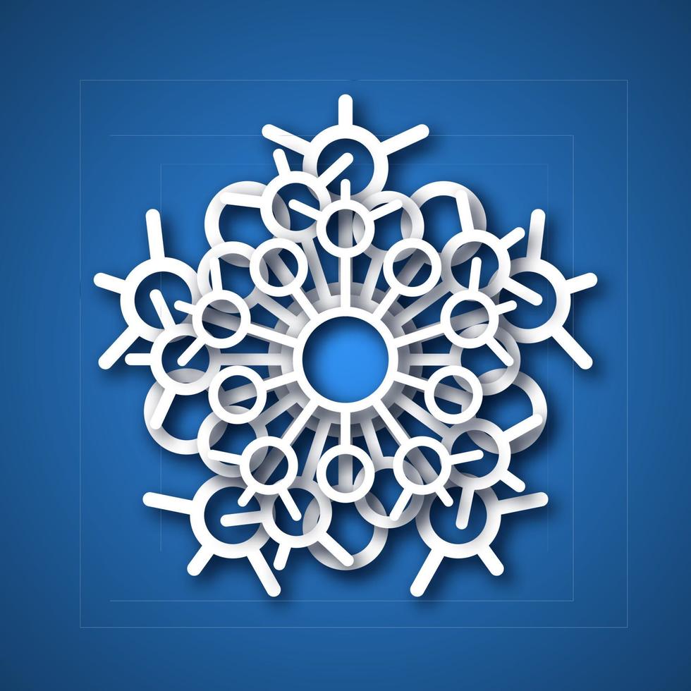 Paper cut snowflake. White snowflake on blue background. Christmas and New Year decoration elements. Vector illustration