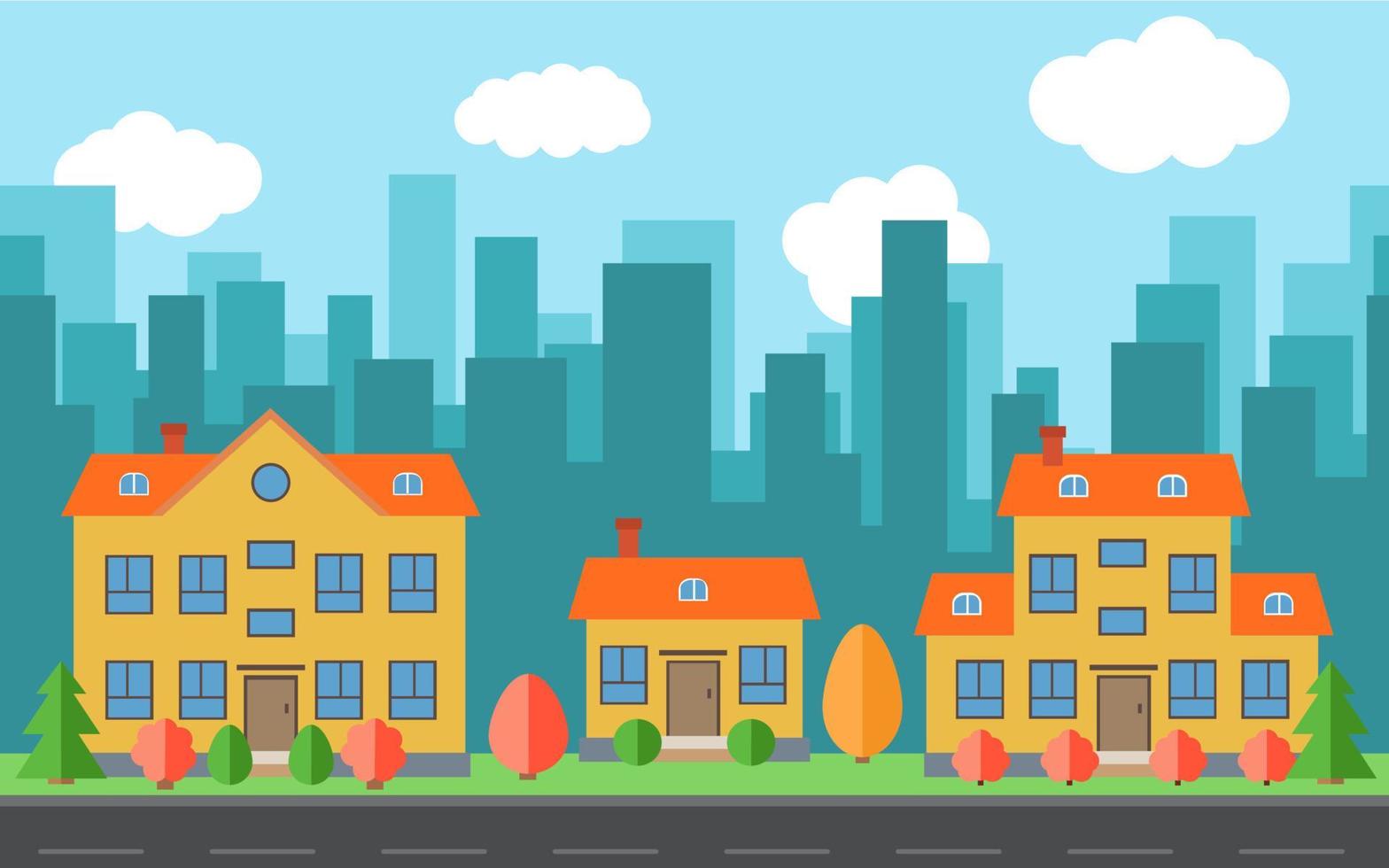 Vector city with cartoon houses and buildings. City space with road on flat style background concept. Summer urban landscape. Street view with cityscape on a background