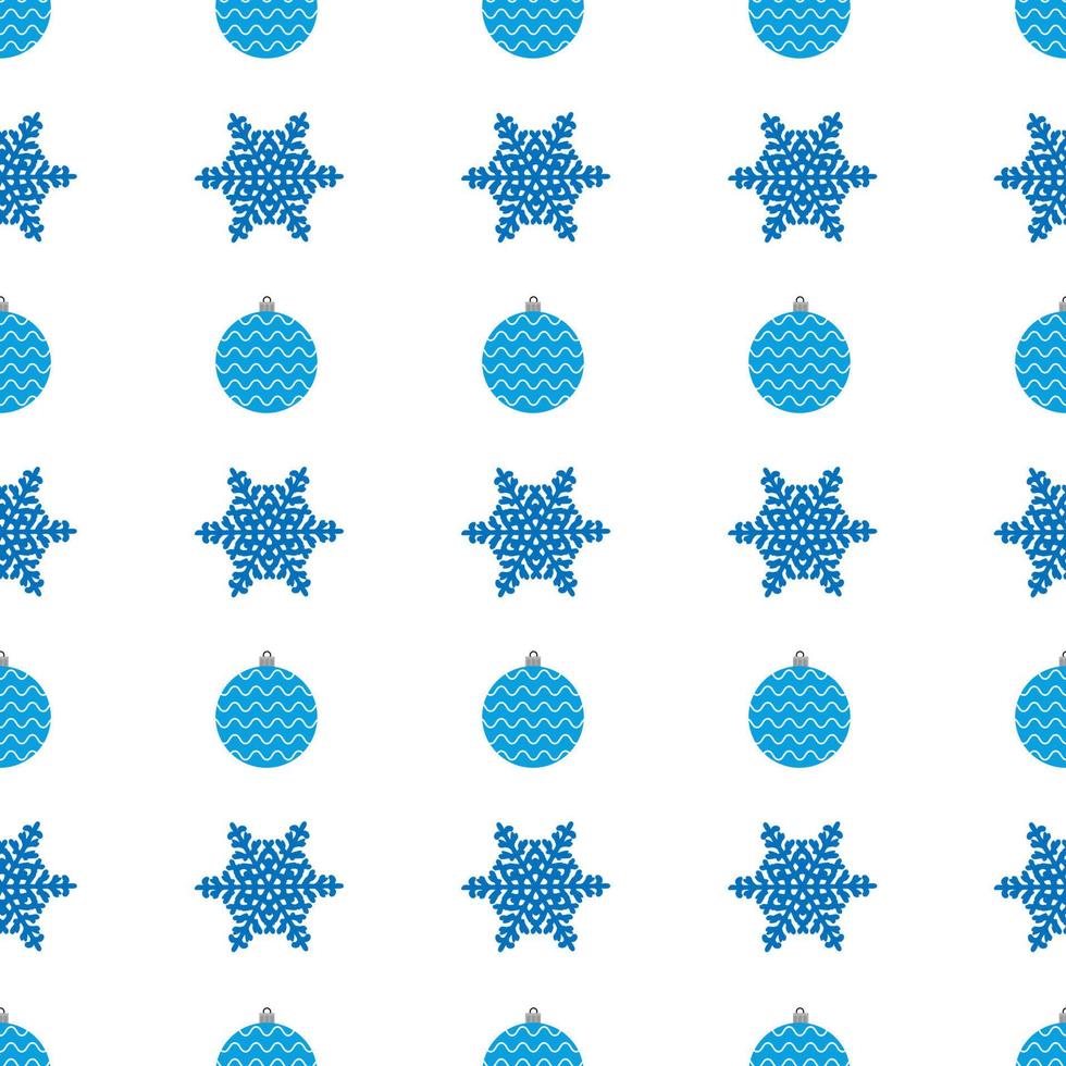 Christmas semless pattern with blue snowflake and christmas ball on white background. Vector illustration