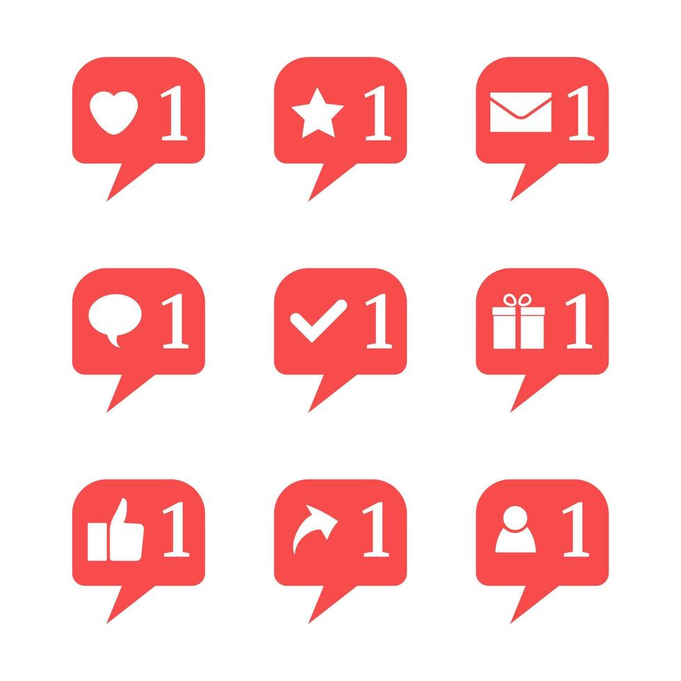 Set of nine notifications in social media. Heart, star, follower, message, check, gift, comment, like, repost. Vector illustration.