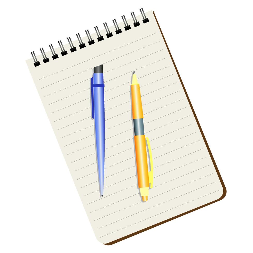 Notebook, blue pen and yellow pen on a white background vector