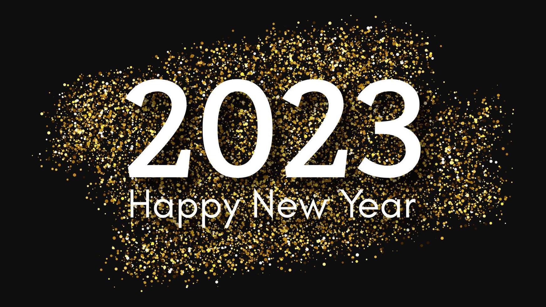 2023 Happy New Year gold background. Abstract backdrop with a white inscription on dark for Christmas holiday greeting card, flyers or posters. Vector illustration