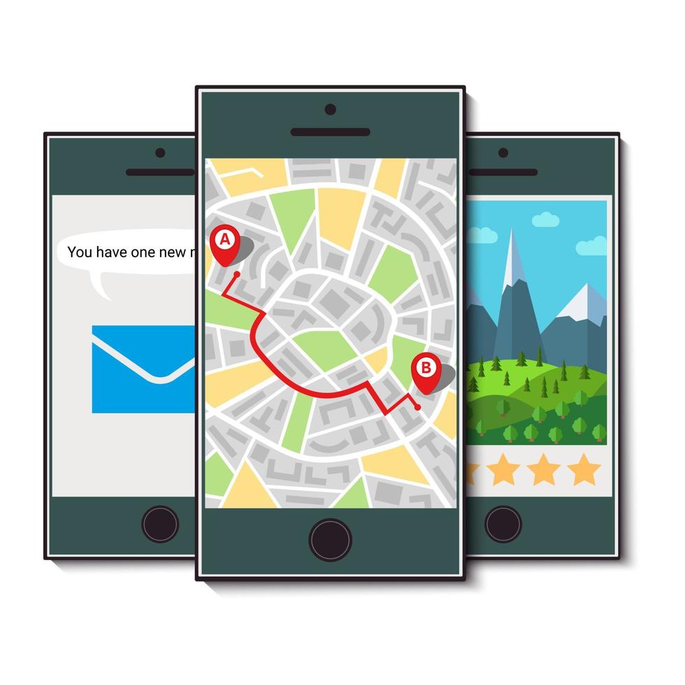 Set of three mobile phones. Mobile phone with map of the city, incoming message and picture rated by five stars. Vector illustration