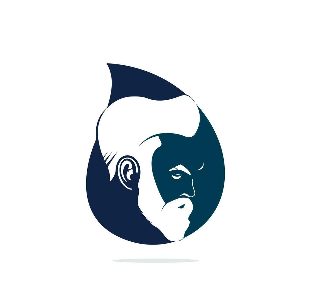 Man beard hipster barbershop vector emblem. Bearded man's face, hipster character. Barber shop drop shape concept logo.