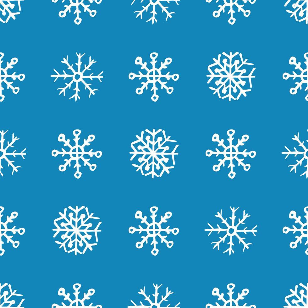 Seamless background of hand drawn snowflakes. White snowflakes on blue background. Christmas and New Year decoration elements. Vector illustration.