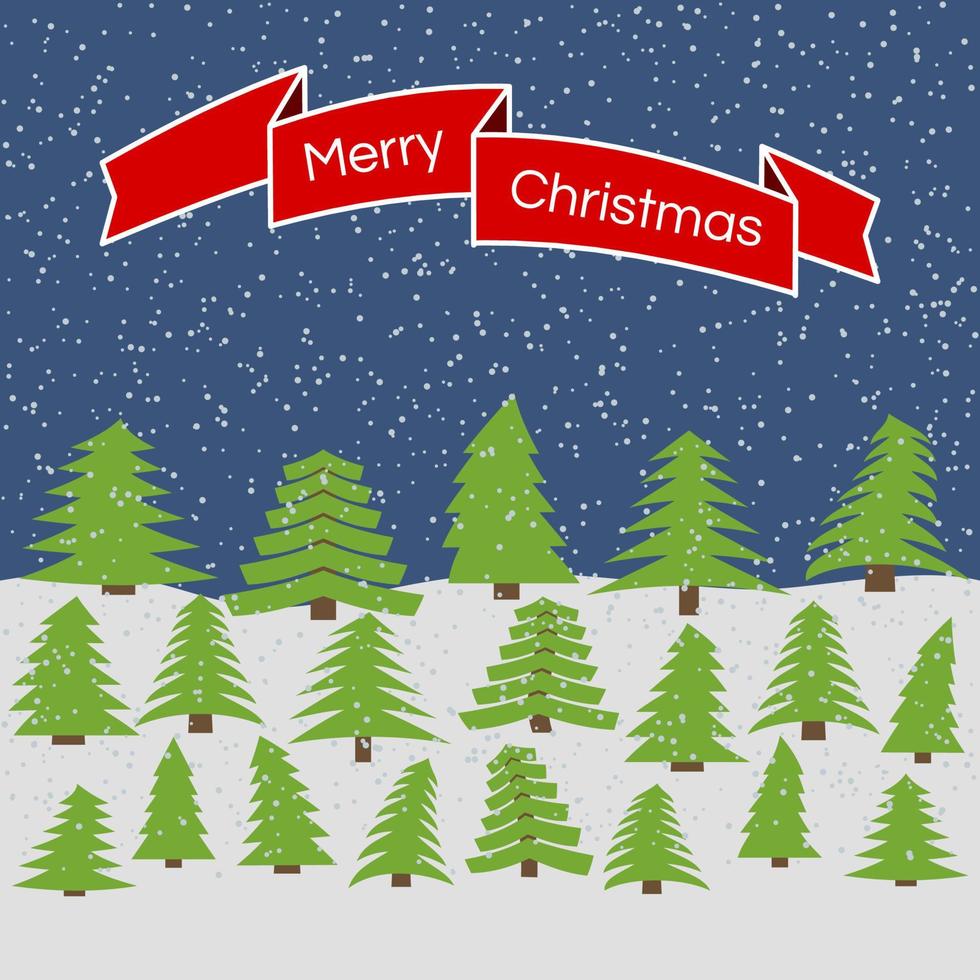 Night forest with falling snow and a red ribbon with the inscription Happy Christmas. Vector illustration.