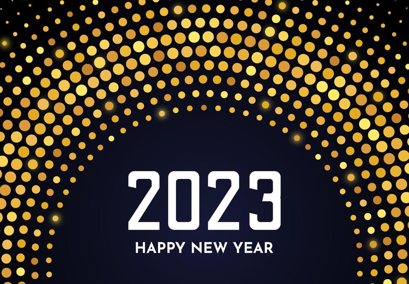 2023 Happy New Year of gold glitter pattern in circle form. Abstract gold glowing halftone dotted background for Christmas holiday greeting card on dark background. Vector illustration