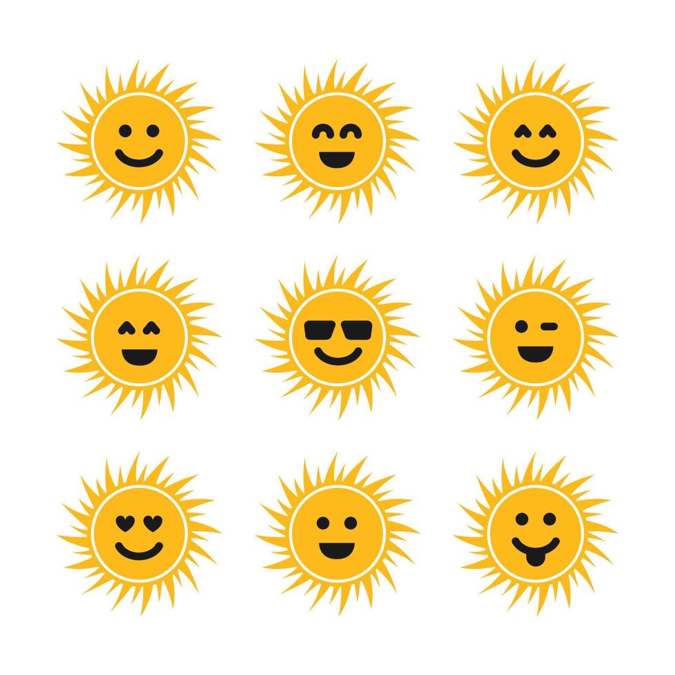 Set of suns with smiles. Nine yellow suns with different smiley. Vector illustration