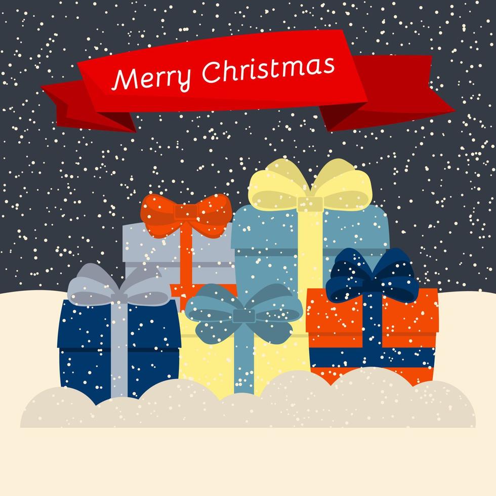 Gift boxes on snow and falling snow and a red ribbon with the inscription Happy Christmas. Vector illustration.