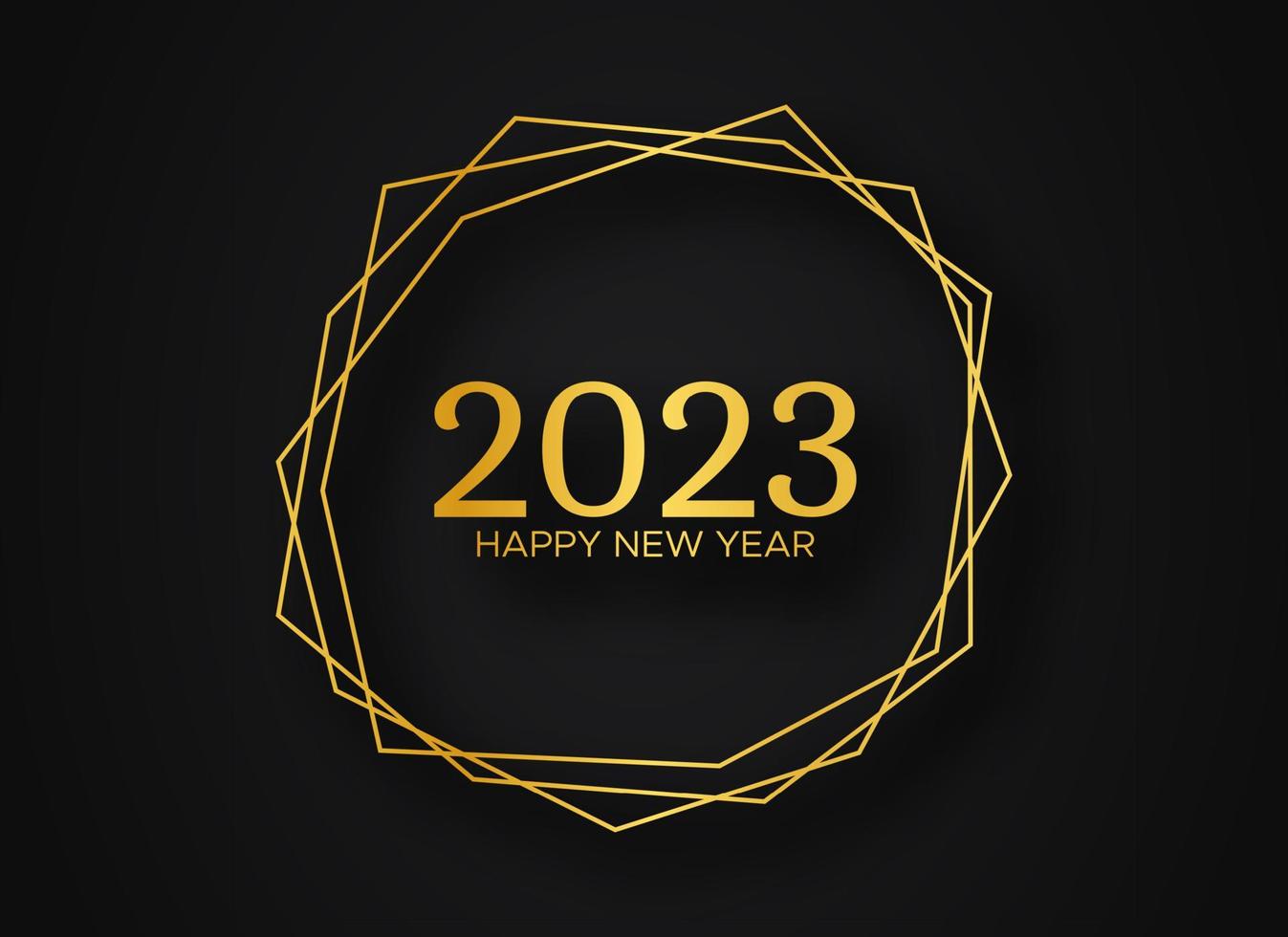 2023 Happy New Year gold geometric polygonal background. Gold geometric polygonal frame with shining effects for Christmas holiday greeting card, flyers or posters. Vector illustration