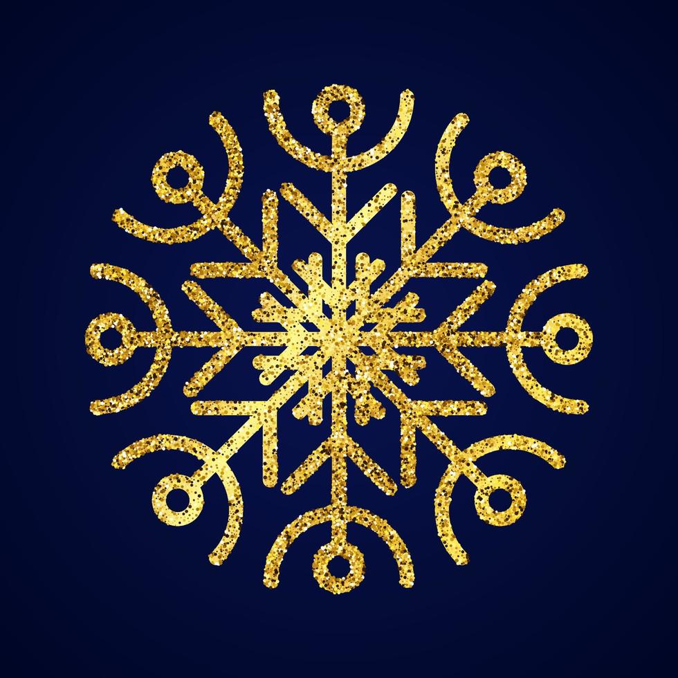 Gold glitter snowflake on dark blue background. Christmas and New Year decoration elements. Vector illustration.