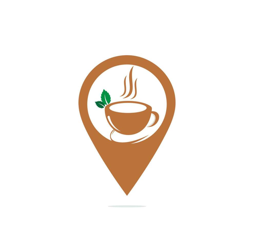 logotipo de concepto de forma de punto de mapa de taza de té verde a base de hierbas, logotipo de bebida a base de hierbas, hoja verde con logotipo de taza, hoja verde con concepto de logotipo de taza de té.bebida natural, logotipo de bebida saludable. vector