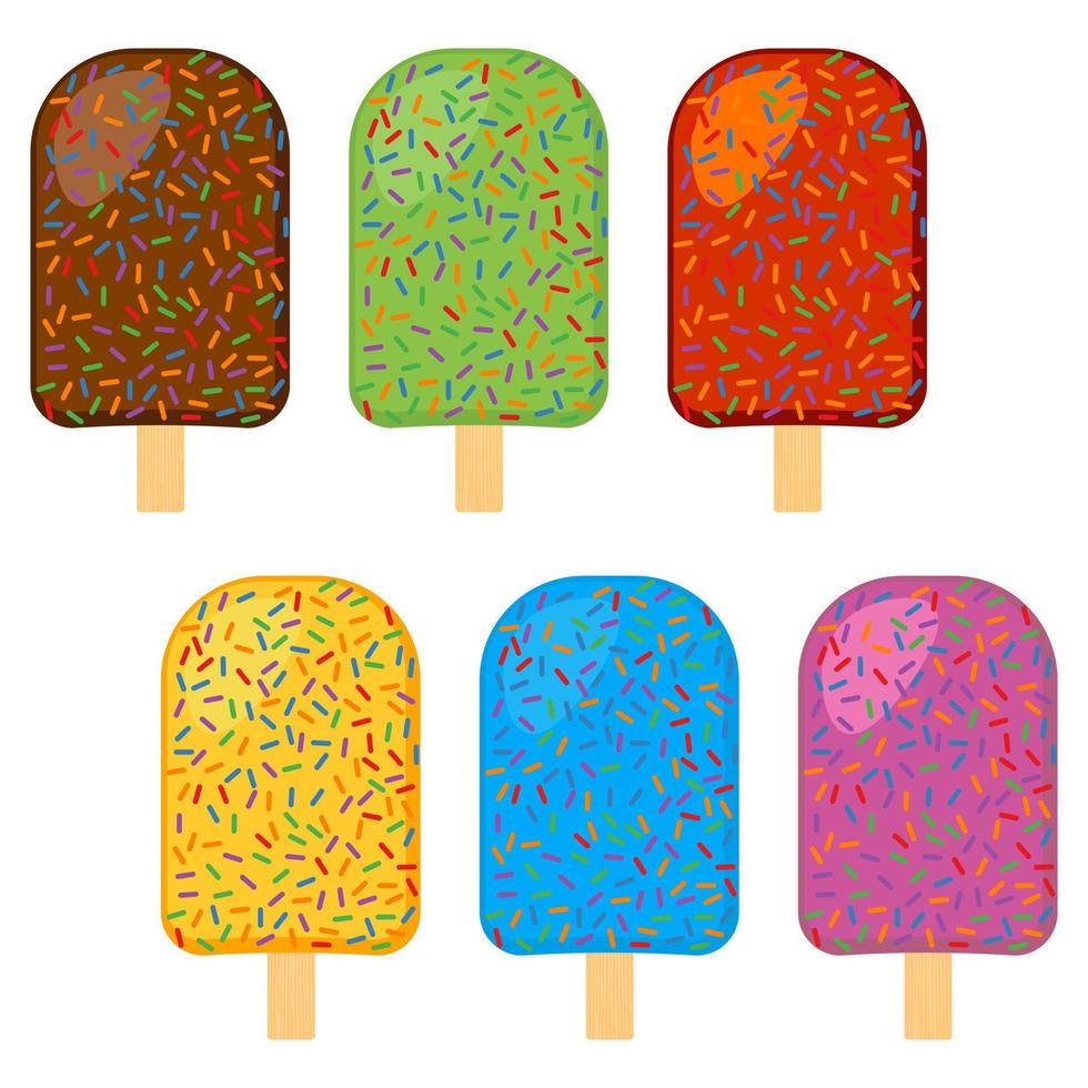 Set of vector illustration of ice cream. Multicolored creamy ice cream on a wooden stick