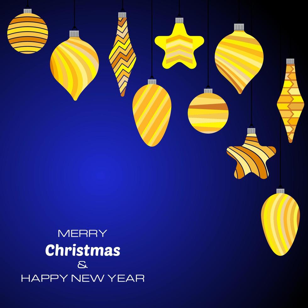 Merry Christmas and Happy New Year dark blue background with christmas balls. Vector background for your greeting cards, invitations, festive posters.