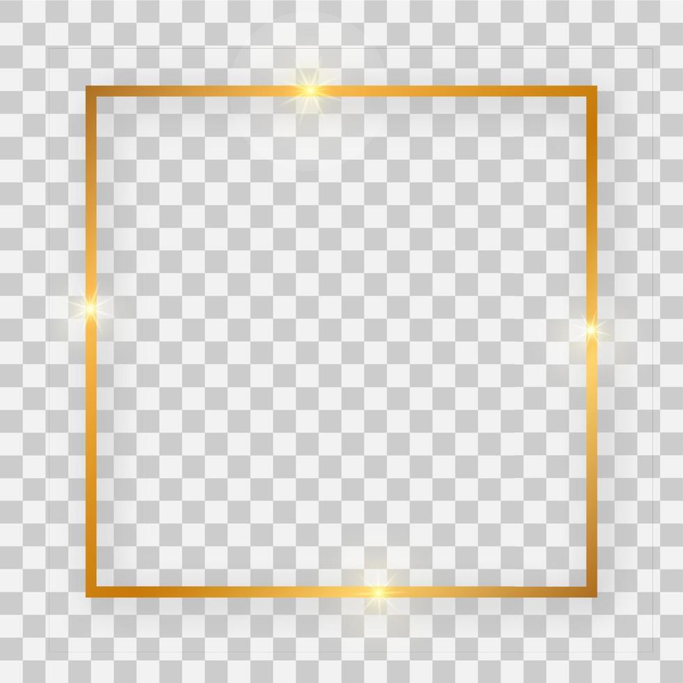 Gold shiny square frame with glowing effects and shadows. Vector illustration