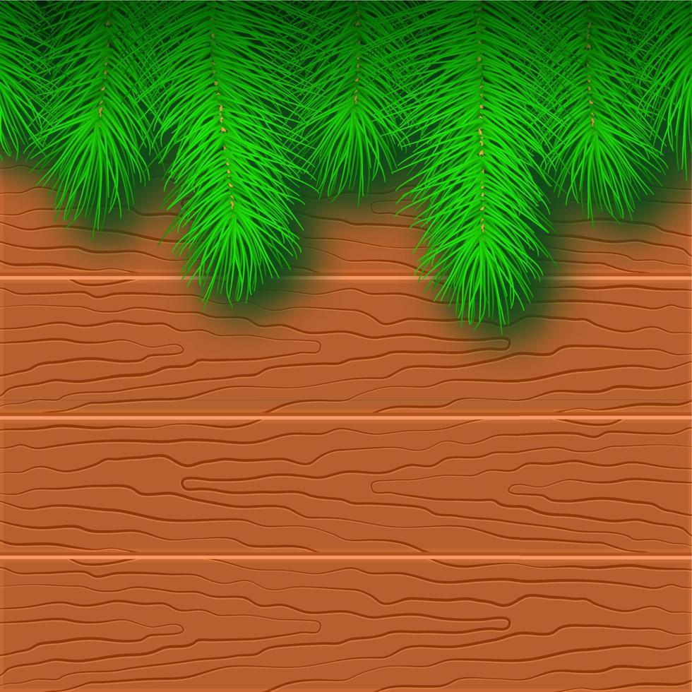 Spruce branches on a wooden table. Christmas and New Year background. Vector illustration