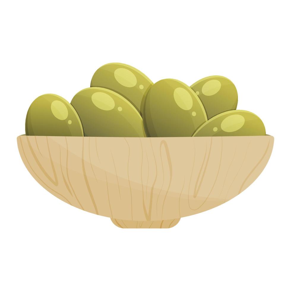 Green olives in bowl. Vector isolated illustration