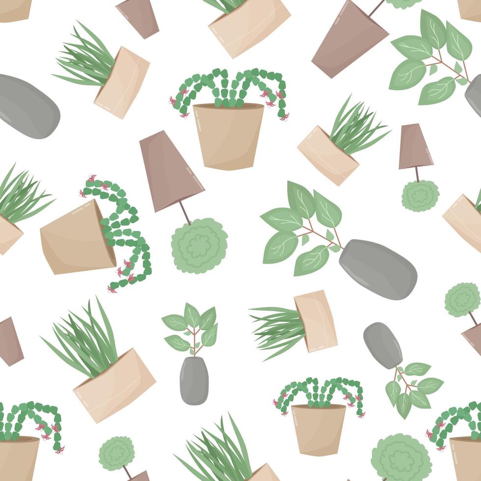 Home plants on pots pattern on white background. Seamless plant vector pattern.