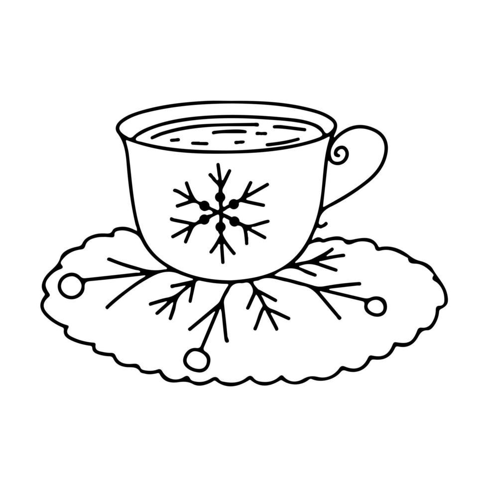 Cup of hot coffee in hand drawn doodle style. Vector illustration isolated on white background. Perfect for holiday and Christmas designs, cards, logo, decorations.