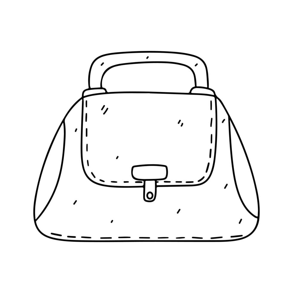 Woman bag hand in hand drawn doodle style. Female stylish purse vector fashion illustration black on white background.