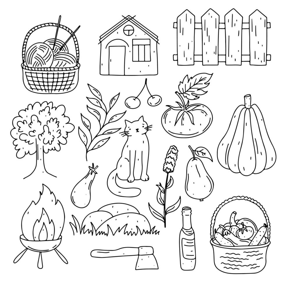 Country life set in hand drawn doodle style. Life in the village collection elements vector