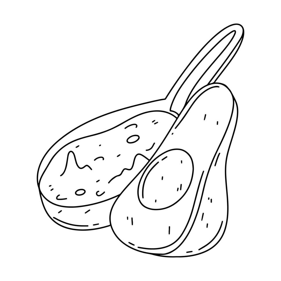 Avocado guacamole salsa for tortilla chips nachos and half avocado outline in hand drawn doodle style. Vector illustration.